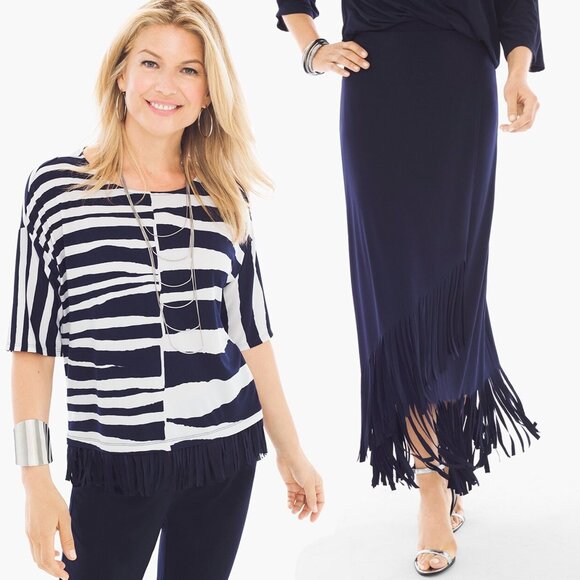 Chico's Dresses & Skirts - Chico's Knit Kit Navy White Broken Stripe Top Fringe Maxi Skirt Set, Sz L/12